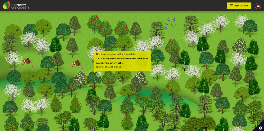 Screenshot of The Forest of Biologists website, highlighting a tree planted for an article published in JCS
