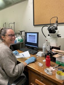 Travelling Fellowship recipient working analysing Whale tooth dentine at her work bench 