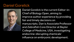 Daniel Gorelick - Daniel Gorelick is the current Editor-in-Chief of Biology Open, aiming to improve author experience by providing fair and timely decisions on manuscripts. Dan is Associate Professor and Zebrafish Core Director at Baylor College of Medicine, USA, investigating endocrine-disrupting chemicals’ influence on embryonic development.